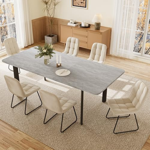 JIEXI Esstisch Mit 4-8 Stühlen Set, Essgruppe Tisch Ausziehbar, Moderner, Stilvoller MDF-Platten Esstisch Für Das Wohnzimmer (160-200cm grau Tisch + 6 beige Stühle - B)
