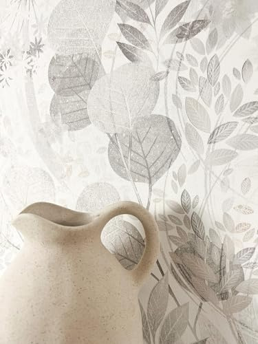 Newroom Vliestapete Hellgrau Blumen Tapete Modern Wohnzimmer | Zarte Blüten und Zweige mit ovalen Blattsilhouetten, helles Taupe auf cremeweißem Fond, Blumentapete, Skandinavisch, Dezent