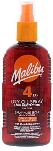 Malibu Wasserabweisendes, nicht fettendes Trockenöl mit niedrigem Schutz, Sonnenspray, LSF 4, 200 ml, klar