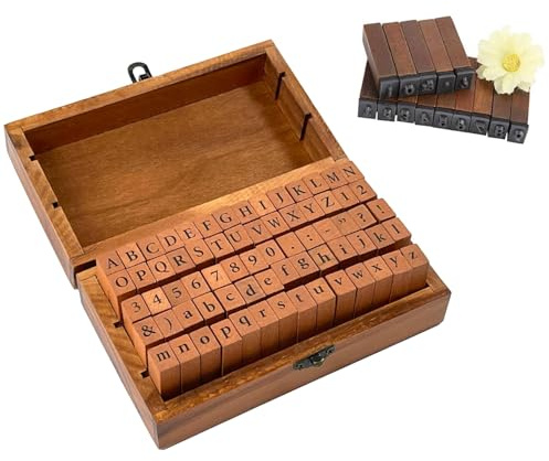 Gearmax Holz Gummi Stempel Set, Kleine DIY Tools Stempelset in der unterschiedlichen Art Letters (70-TLG Alphabet + Anzahl Vintage Stamps)