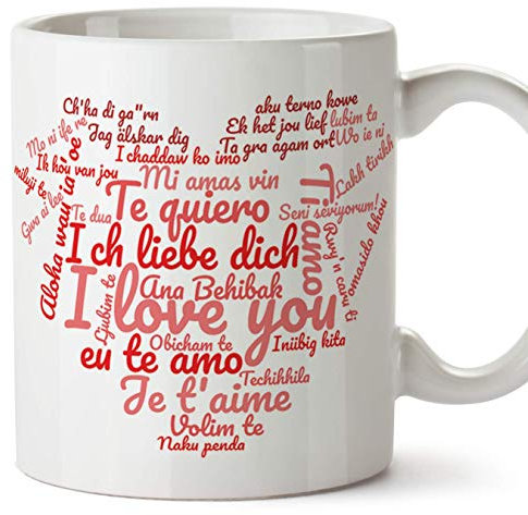 Mugffins Tazas desayuno originales para enamorados, Regalos de pareja, novios, San Valentín - Te Quiero/I Love You/múltiples idiomas - Tazas de cerámica co