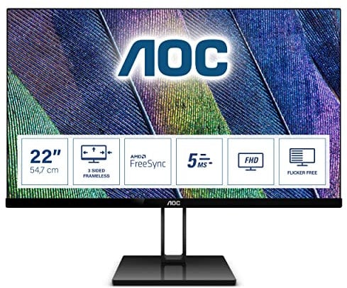 AOC 22V2Q Monitor LED da 21.5 IPS, FHD, 1920 x 1080, Senza Bordi, HDMI, DP, Nero