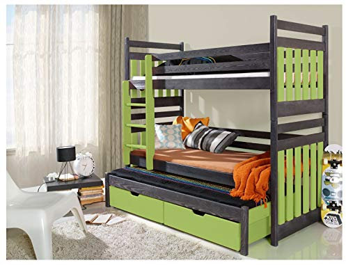 naka24 Massivholz Kiefer Etagenbett 3 Liegeflächen Ink.Matratzen Kinderbett SAMBOR 80x180 cm (Graphit/Grün)