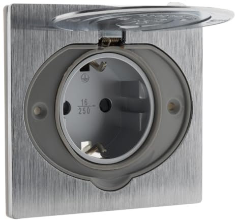Zenitech, Base de suelo Schuko 16 A IP44 de aluminio cepillado con tapa protectora, caja de empotrar Ø 67 mm multimaterial, cableado automático, fijación con tornillos.