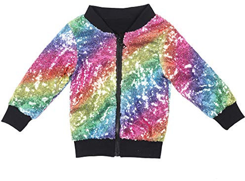 Cilucu Kinderjacken, Mädchen, Jungen, Pailletten-Reißverschluss, Mantel, Jacke für Kleinkinder, Geburtstag, Weihnachten, Kleidung, Regenbogen-Schwarz (Bomber-Stil), 10 Jahre