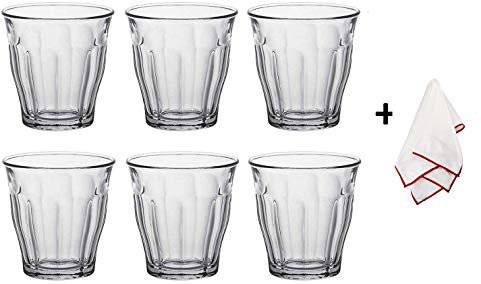Duralex Picardie Drinking Glasses Set of 6 - Tempered Glass Tumblers with Microfiber Polishing Cloth Classic Design, Easy to Hold Duralex Glasses for Kitchen, Dining Table (7.5 Oz.)