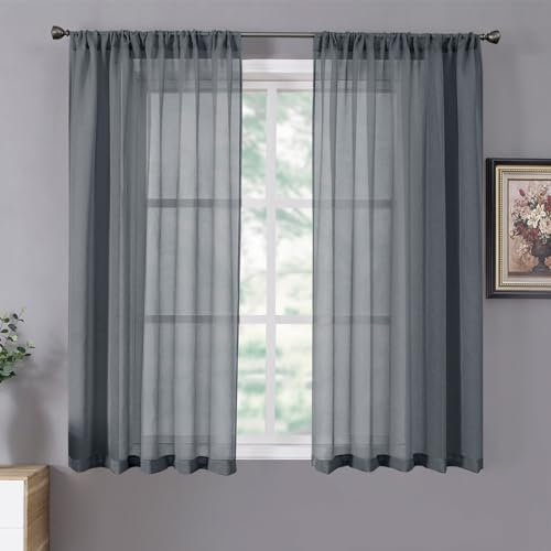 Tollpiz Lot de 2 Rideaux Transparents Courts texturés en Lin avec Passe-Tringle pour Salon, 137,2 x 114,3 cm de Long, Gris foncé