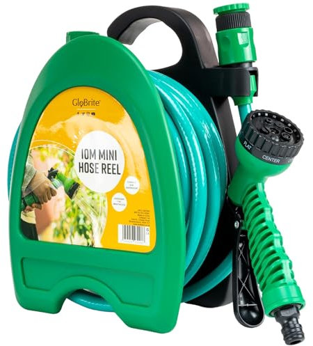 GloBrite Mini Hose Pipe Reel with 10M / 32 Feet Small Garden Hose - Water Spray Gun & Adjustable Nozzle - Pipe Spray Gun & Wall Mount - Compact and Portable Watering for Pots, Balconies & Outdoor Use
