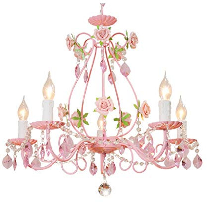 5 Light Pink Gypsy Chandelier, frame Rosa in metallo con cristalli rosa chiaro acrilico Ferro battuto Rose ragazze in camera da letto H20.5 W 23.6