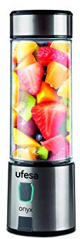Ufesa BS2400 Onyx Mini Batidora Portátil Recargable, Carga por USB, Hasta 20 Usos por Carga, Batería de 5100 mAh, Botella de Tritán de 400ml, Cuerpo y Cuchillas de Acero Inoxidable, Inox