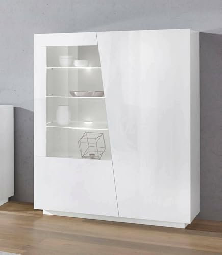 Dmora Vetrina Nevio, Credenza con Anta a Vetro, Mobile da Soggiorno Multiuso con Luce LED, 100% Made in Italy, cm 120x43h146, Bianco Lucido