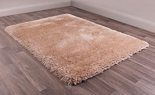 Mayfair luxuriöser handgetufteter Hochflor dick einfarbig glänzend Shaggy Teppich in Schwarz, Rot, Nerz, Silber, Elfenbein, Mauve, Grün, Grau, Natur, Rosa und Ocker (Natur/Hellbeige, 80 x 150 cm)