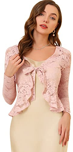 Allegra K Women's Bolero Shrugs, Lace Shrug, Long Sleeve Floral Crop Cardigans Pink L-16