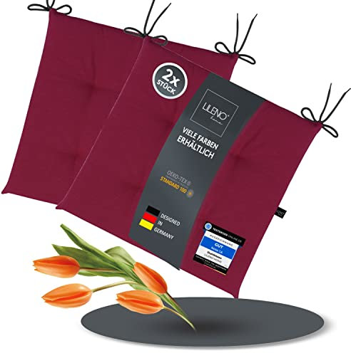 LILENO HOME 2er Set Stuhlkissen Bordeaux (40x40x4,5 cm) - Sitzkissen für Gartenstuhl, Küche oder Esszimmerstuhl - UV-beständige Indoor u. Outdoor Stuhlauflage als Stuhl Kissen (Laura FUM)