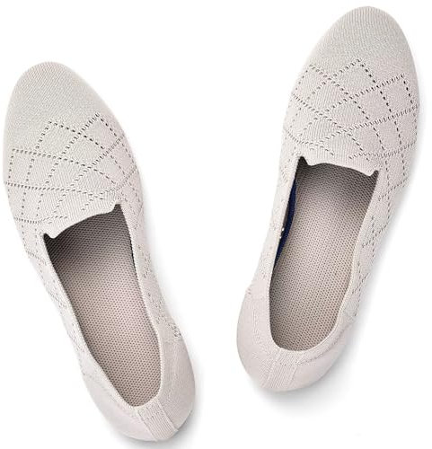 Puxowe Damen Ballerina Flache Schuhe Runde Zehe Strick Kleid Schuhe Niedriger Keil Slip On Ballerina Walking Flats für Frauen Bequem 41.5 EU Camel