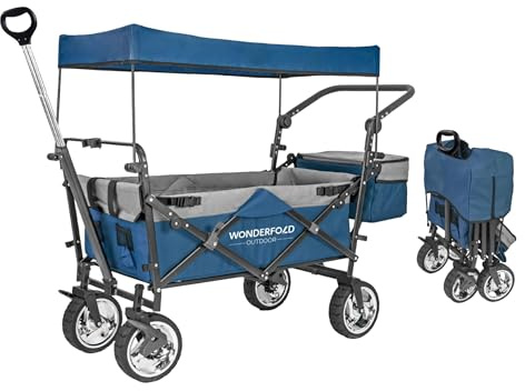 WonderFold S4 Push & Pull Nutzwagen mit Bremsen und abnehmbarem Verdeck mit verstellbarem Schiebegriff, Teleskop-Zuggriff und 68 kg Kapazität, Navy