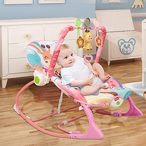 Baby Wippe mit Beruhigenden Vibrationen, Babyschaukel Elektrisch mit Liegefunktion, 3-Punkte-Gurt Sitz, Babywiege Kuscheltierbügel und Spieluhr. (Rosa)