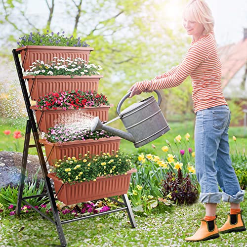 Homdox Vertikales Hochbeet, 5 Ebenen, erhöhter Garten-Pflanzgefäß, 58.9x66x114.4 cm, für drinnen und draußen, erhöhter Pflanzkasten mit 4 Haken für Gemüse, Blumen auf Terrasse, Balkon, Garten, Braun
