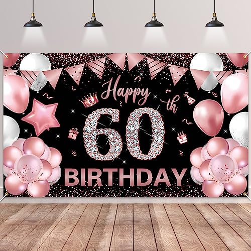 60.Geburtstag Banner Roségold Schwarz,BTZO 60.Geburtstagsbanner,Deko 60 Geburtstag Dekoration Banner Hintergrund für 60 Frauen und Männer Geburtstagsfeier Deko
