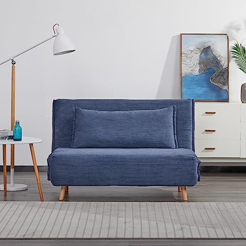 EVERGREENWEB Poltrona Letto Trasformabile in Letto Piazza e Mezzo 120x190 con Materasso e Cuscino Imbottito | Divanetto Clic Clac con Schienale Regolabile 2 Posti con Gambe in Legno | Blu | VELVET