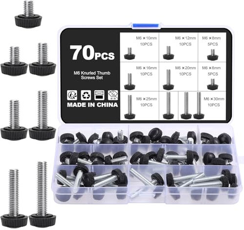 Knpwer 70 Stück M6 Rändelschrauben Set,Carbon Gewinde Rändelschraube,Rändelschraube mit Gewinde,Befestigungsschraube Griffknöpfe,Runder Kopf Rändelschrauben,Handhaben Klemmung Schrauben