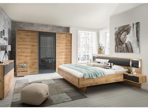 Lomadox Schlafzimmer Set 3-teilig mit Bett 160x200, LED-Beleuchtung, Schwebetürenschrank 273cm mit Passepartout, Kommode in Graphit mit Eiche Modern