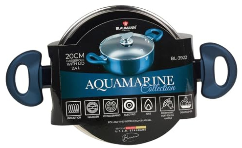 BLAUMANN Cookware Bratpfanne, Kochtopf, Kasserolle, weicher Griff, Deckel (Aquamarin, 20 x 9 cm, Kasserolle mit Glas-Li...)