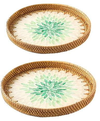 2-teiliges Rundes Rattan-Tablett mit Perlmutteinlage, Rundes Dekoratives Rattan-Serviertablett, Rattan-Serviertablett mit Holzsockel, Aufbewahrung und Präsentation von Kaffee, Brot, Lebensmitteln,(A)