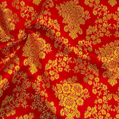 Stoff Kontor STOFFKONTOR Lurex Jacquard Goldene Blumenranken - Öko-Tex Standard 100 - Meterware, Farbe Rot - zum Nähen von Bekleidung und Dekorationen