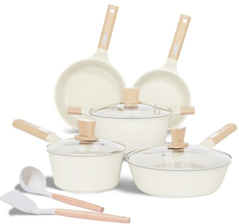 JEETEE Keramik Topfsets Pfannenset 15-Teilig, Nonstick Antihaft-Granit Topf und Pfannenset Gefälle, Topfset Induktion, Kochtopf Set mit Deckel, Nonstick Bratpfanne, Kasserolle, Kochtopf, Beige