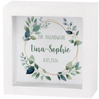 Striefchen® Spardose zur Jugendweihe mit Namen als Geldgeschenk (Blätterkranz)