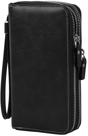 Wisebom Portafoglio Grande Vintage in Pelle PU con 14 Slot Blocco RFID, Portamonete Lungo con 2 Cerniera e Cinturino da Polso Staccabile Unisex (Nero)