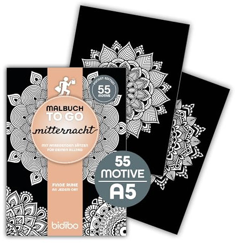 MITTERNACHT A5 Mandala Malbuch to go für unterwegs mit 55 Motiven und motivierenden Sprüchen im bidibo Ausmalbuch für Erwachsene - Ruhe & Kreativität erleben - Entspannt auf Reisen, in Zug und Natur