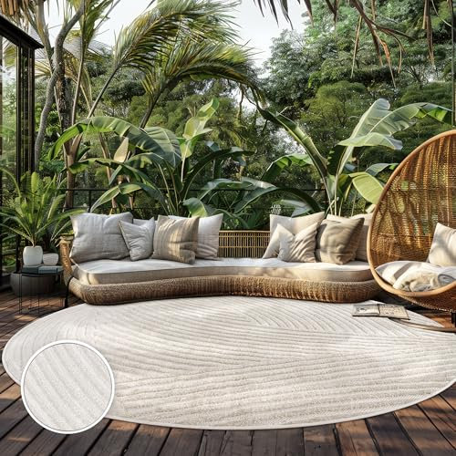 Paco Home Teppich In- & Outdoor, Moderne abstrakte Boho Designs mit 3D Struktur, robust & wetterfest, ideal für Terrasse Wohnzimmer & Küche, Grösse:200 cm Rund, Farbe:Creme 5