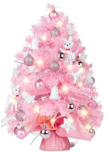 Joyhoop 60cm Mini Albero di Natale Piccolo, 24inch Mini Albero Natale Rosa Artificiali, con Palle di Natale Campane Stelle Elks Ornamenti Natalizi, Mini Christmas Tree per Natale Decorazioni Tavola.