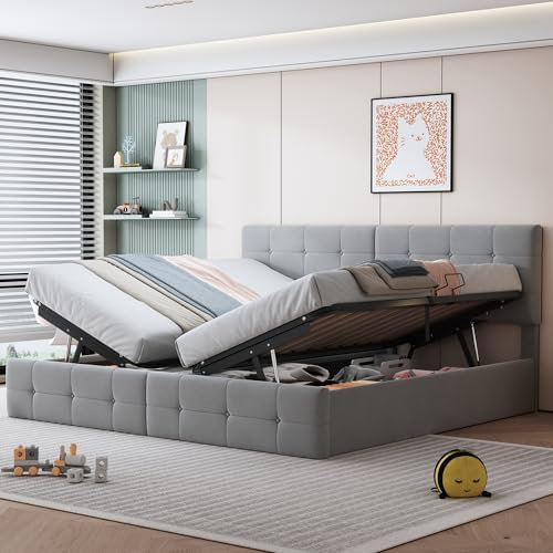 Boxspringbett 180x200 mit Bettkasten, Polsterbett Doppelbett mit Stauraum und Verstellbares Kopfteil, Rückenlehne Bettgestell, Stauraumbett, Bett 180x200 für Familie, Hautfreundlicher Samtstoff, Grau
