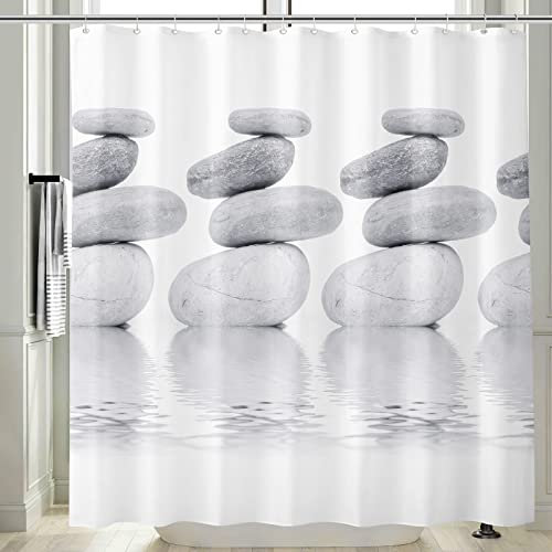 Vgzsyomqib Zen Rideau Douche Anti Moisissure 3D Imprimé Galet Rideau de Salle Bain 200x200 Long Tissu Polyester Imperméable Motif Rideaux Baignoire Lavable Machine - Blanc Gris Clair