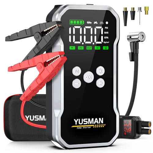 YUSMAN Avviatore Batteria Auto - 6000A, Booster Avviatore Auto con Compressore 150PSI (per 12V 10.0L GAS e 8.0L DIESEL), Jump Starter 5V/3A, Avviatore Emergenza USB, LED,Starter Batteria LCD