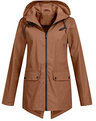 Zip Long Sleeve Rain Jacket for Women Uk Solid Hooded Coat with Pockets Ladies Camping Hiking Waterproof Raincoat Active Outdoor Golf Windproof Trench Coats Khaki Small