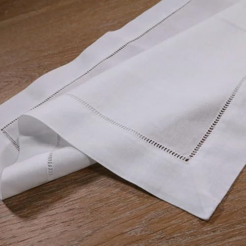 GENPICONG 12 Stück weiße Servietten mit Hohlsaum, 55% Leinen, 45% Baumwolle, 45,7 x 45,7 cm, Leiter-Hohlsaum-Stoffserviette