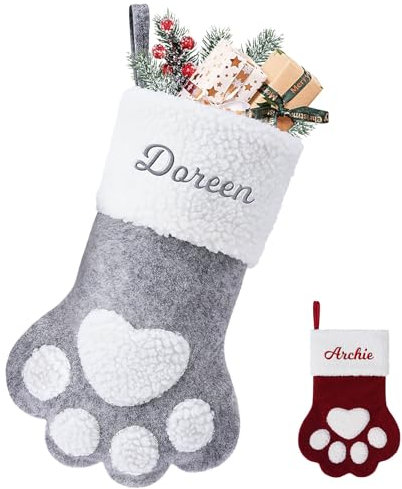 Haustier Weihnachtsstrumpf Personalisiert Name für Hund Katze 39cm große Christmas Stockings Pfotenform Nikolausstrumpf zum Aufhängen am Kamin für Party Weihnachten Deko, 1 Stück, Rot/Grau
