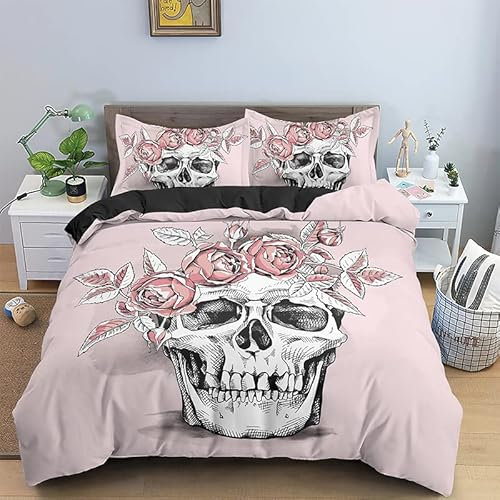 BJCJGGL Bettwäsche 200x220 Rosa Totenkopf Bettwäsche-Set mit Reißverschluss Schließung und 2 Kopfkissenbezug 80x80 cm - Weiche Angenehme Mikrofaser Bettbezug für Erwachsene Kinder