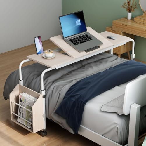 WUDLEP Overbed Table with Wheels, Mobile Bed Desk, Rolling Computer Desk, Laptop Cart, W/0-65°Tilt Stand, Side Storage Basket, for Home, Office and Hospital, White