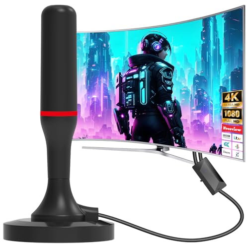 Digital Indoor TV Aerial,Freeview TV Aerial for Smart TV with Signal Booster 460+ Long Range Reception Support 4K 1080P HDTV,Easy Installation,Optimized for Local Channels-10FT Coaxial Cable