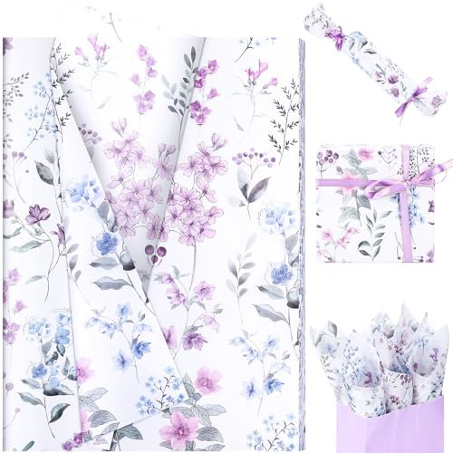 20 Sheets Purple Wildflower Tissue Paper, 20x14in Purple Floral Berries Wrapping Tissue for Spring Birthday Wedding Gift Supplies