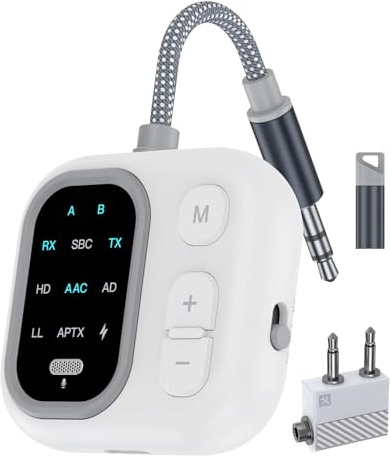 ANBRONICS Bluetooth 5.3 Adapter for Airplane, Support 2 Wireless Headphones, aptX Adaptive 3.5mm AUX Jack Wireless Audio Transmitter for TV, Airline, Planes, Travel