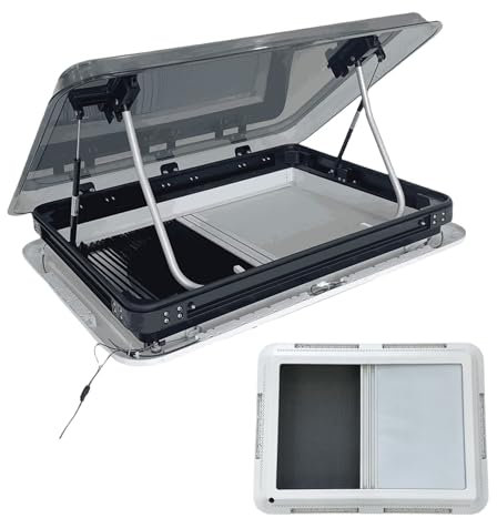 UKETO Claraboya para Autocaravana/Ventana para Techo con ventilación 70×50 cm – Cortinas oscurecedoras y mosquiteras integradas, iluminación LED 12V, para caravanas, remolques, Barcos