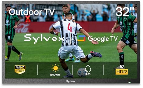 SYLVOX 32 Smart Google TV Extérieur - 1080P FHD, 1500 Nits, Étanche IP55 | DVB-S2/T2, WiFi, Outdoor Television pour Terrasse, Jardins, Espaces Extérieurs (Pool SE 2025)