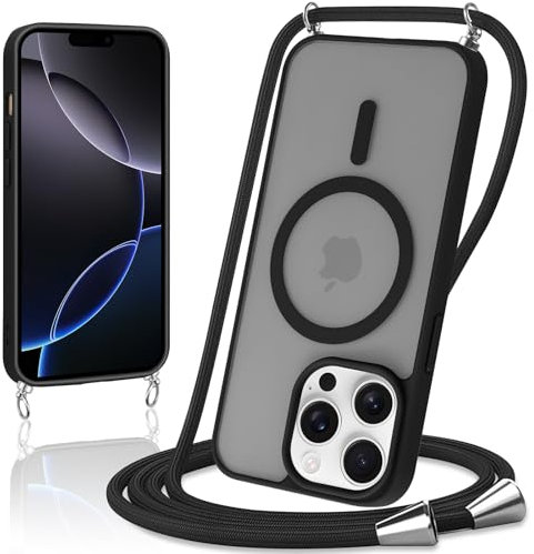 Knrlqim Handyband für iPhone 16 Pro Max mit Band, Matt Magnetisch Handyhülle Kompatibel mit Mag Safe,Transluzente PC + TPU Stoßfest Schutzhülle mit Abnehmbar Kordel zum Umhängen Case Cover,Schwarz