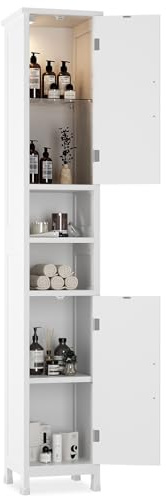 MYBEILEYI Hoher Badezimmerschrank mit Licht, schmaler Badschrank Aufbewahrungsschrank mit Türen und verstellbaren Regalen, freistehender Toilettenschrank für kleine Räume, Wohnzimmer, Küche Weiß